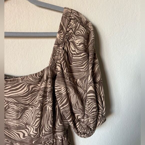 House of Harlow Mini Brown Dress Print Linen Puff Sleeve  Babydoll Size S - Picture 9 of 11